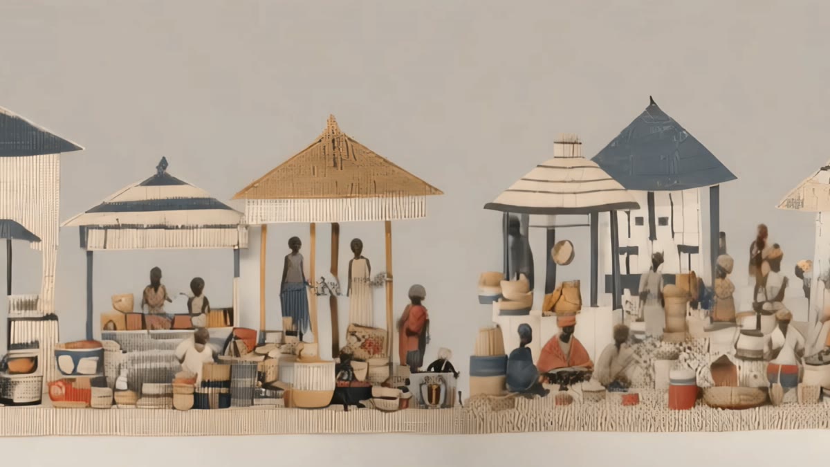 Film still: an Ile-Ife marketplace built entirely from beads