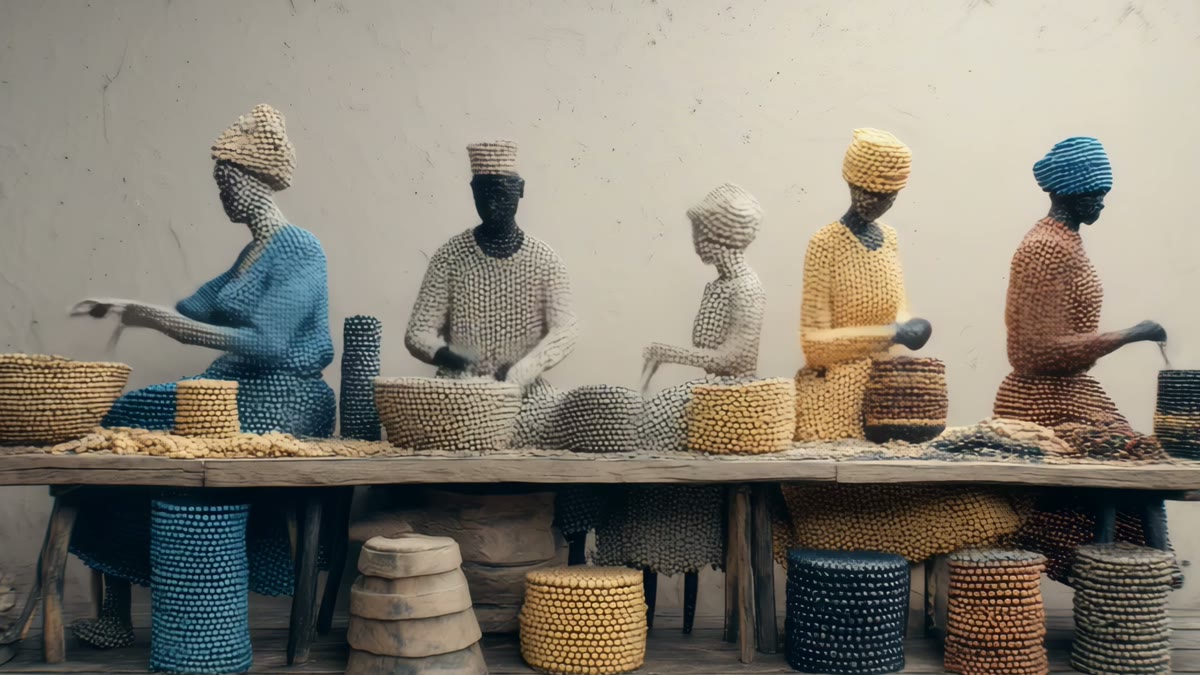Film still: figures made entirely of beads working at a bead workshop