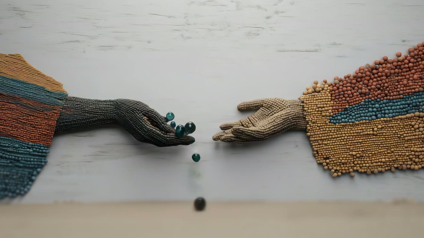 Two hands made of beads reaching toward each other, blue glass beads falling from one palm