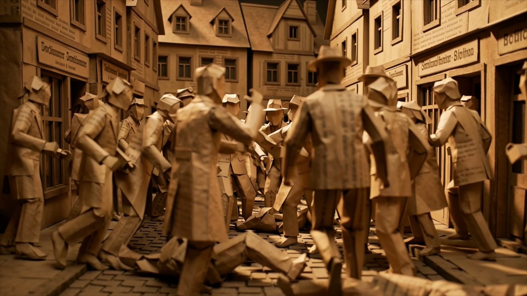 Film still: a street scene rendered entirely in paper figures