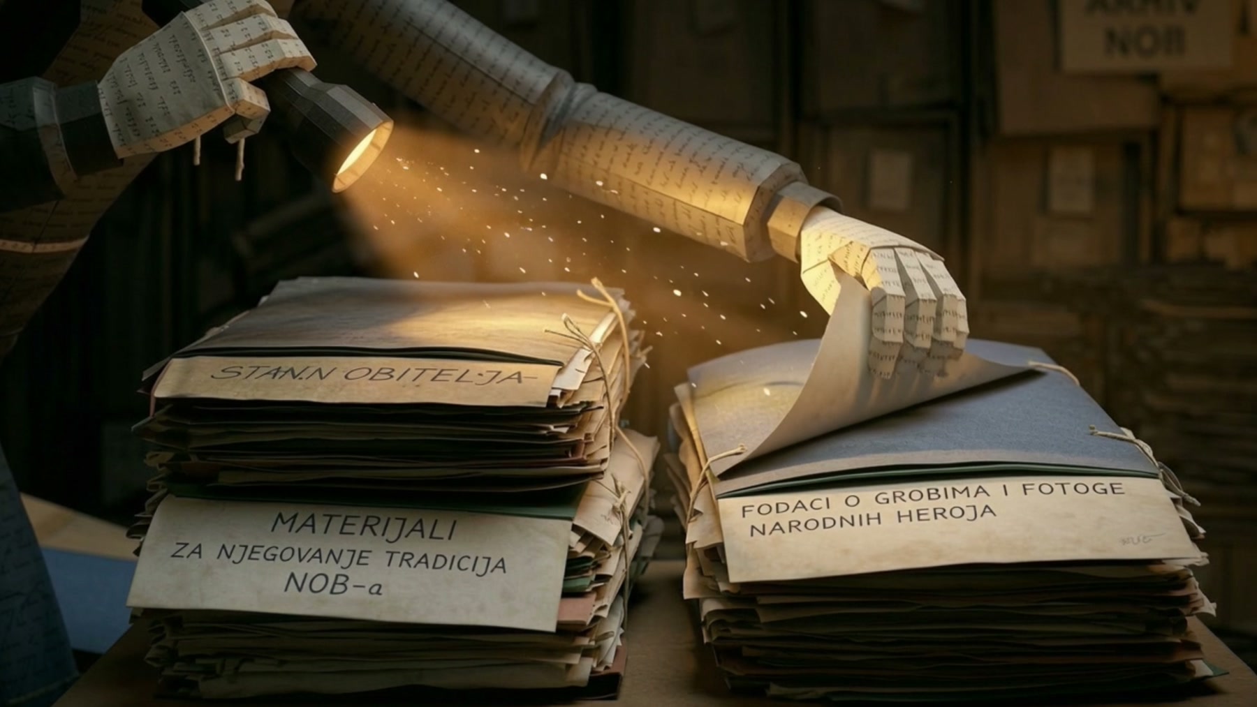 Film still: a hand made of paper lifting a page from a stack of labelled folders