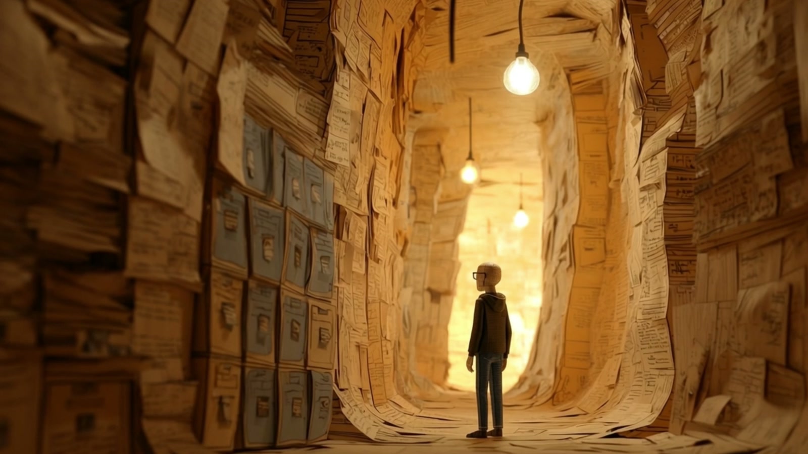 Film still: a corridor whose walls are built entirely from documents and file boxes