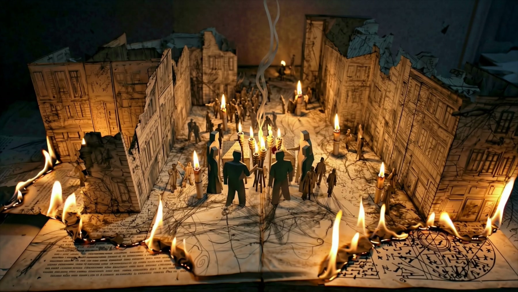 Film still: the paper town burning, real flames taking the paper buildings
