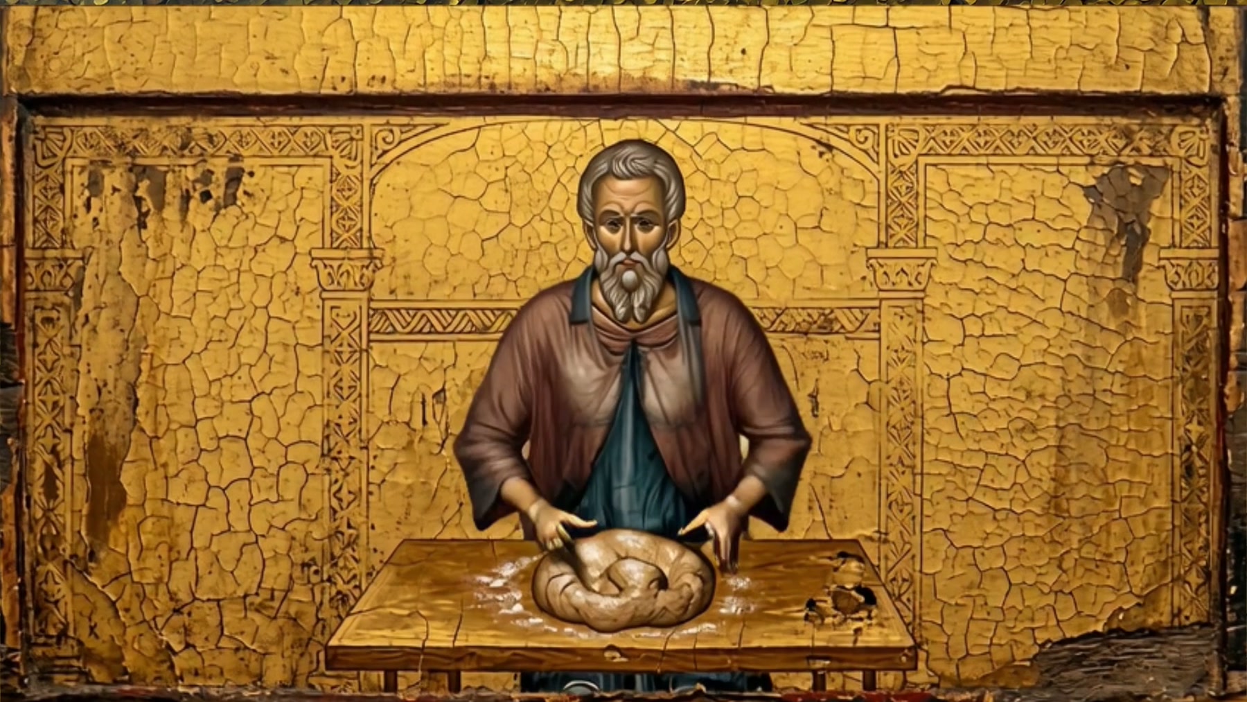 Film still: a Byzantine-style baker in oxblood and lapis working a round loaf on a gold table