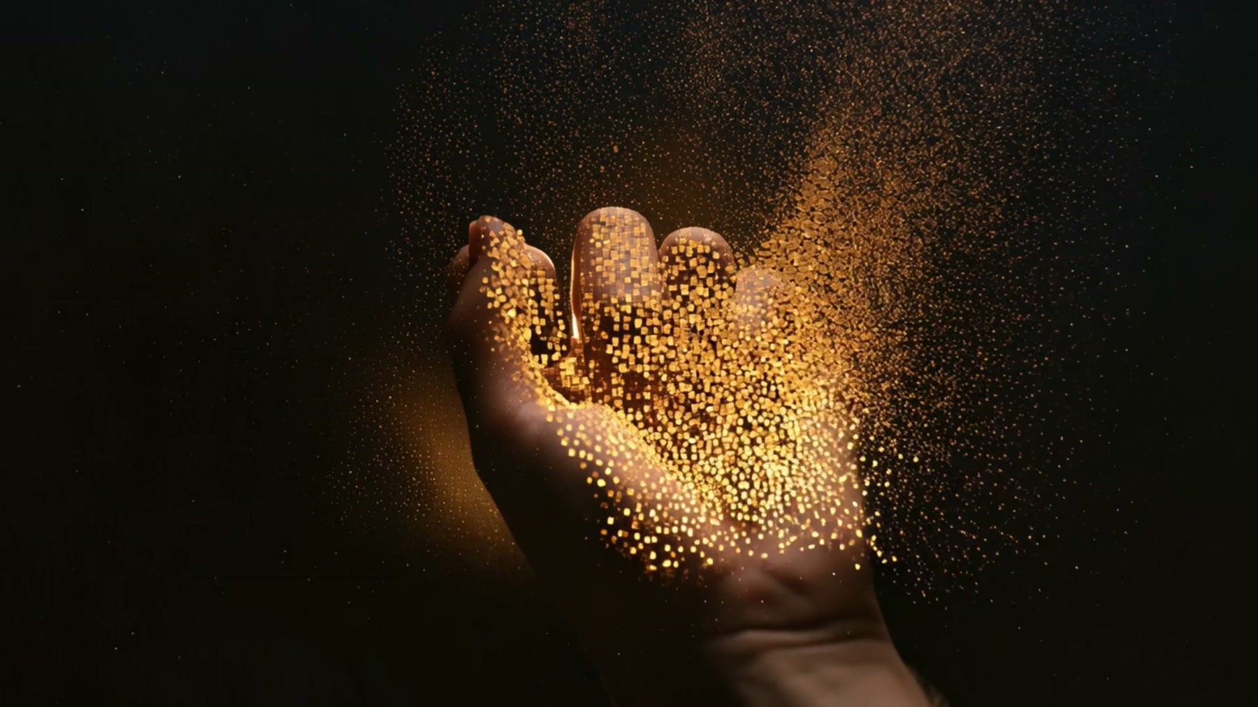 Film still: a cloud of glowing gold pixels reorganising into the shape of a human hand