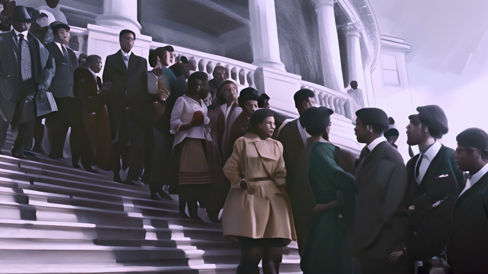 Film still: the members of the movement on the Capitol steps, reconstructed as an animated scene