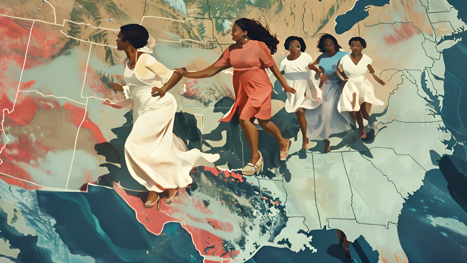 Film still: Mittie Maude Lena Gordon and the women of her movement running hand in hand across a map of the United States