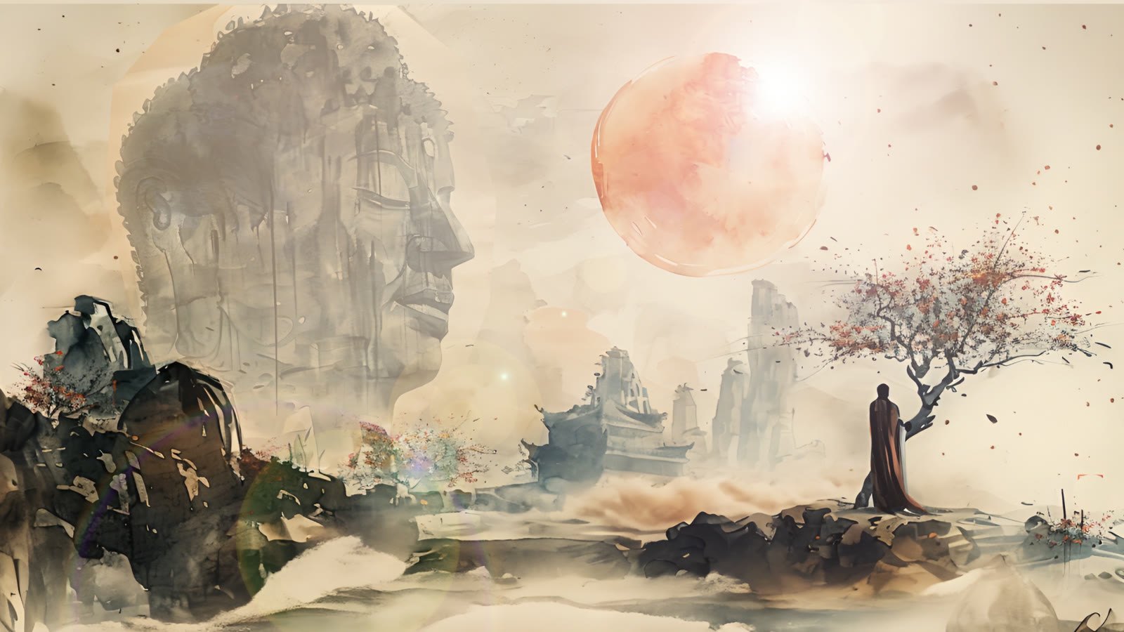 Film still: a Buddhist figure in a landscape, red sun rising behind