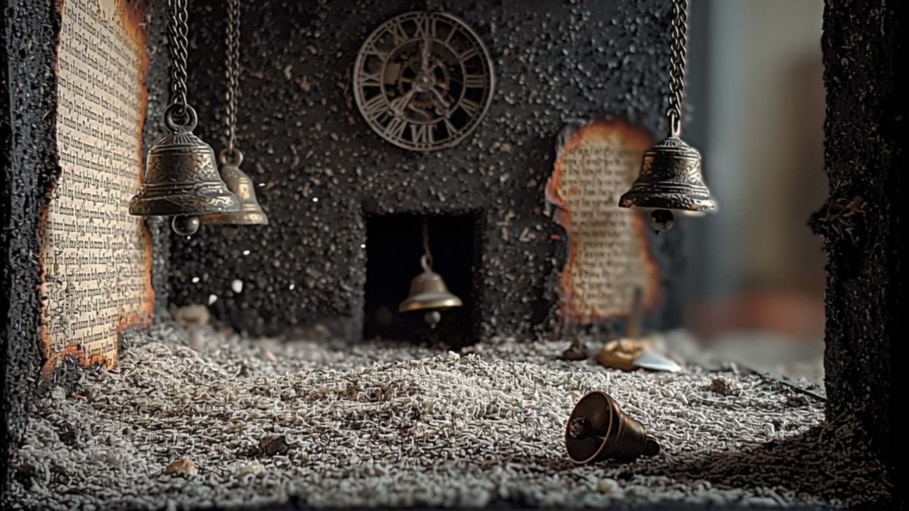 Film still: the box interior in ash-grey and bone-white, bells hanging still, a fallen bell lying in deep ash on the floor