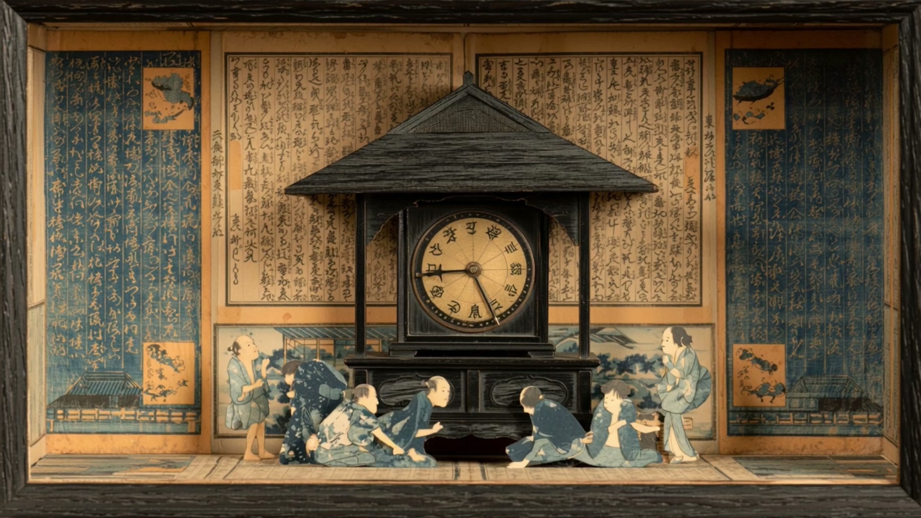 Film still: a shadow box with an ornate European bracket clock at its centre, Chinese calligraphy panels and red seals around it, flat Ming court figures leaning in