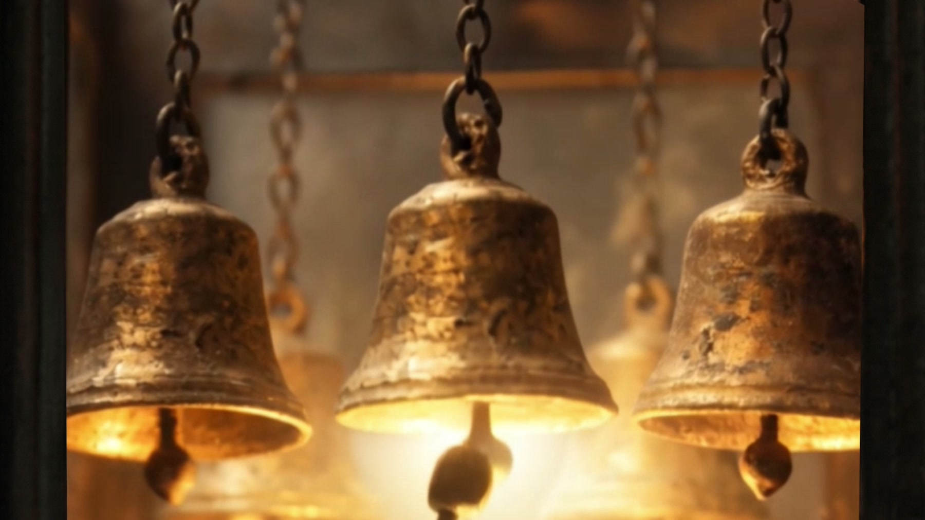 Film still: brass bells swinging on iron chains, ash particles shimmering in raking amber light