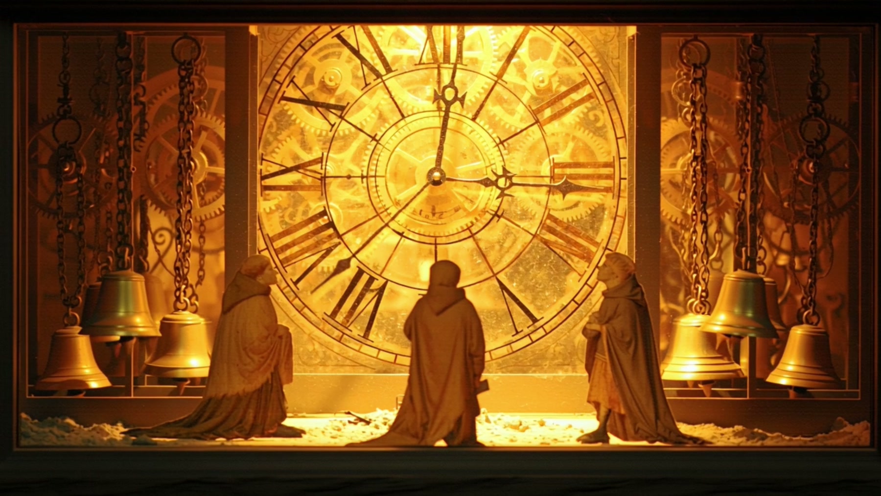 Film still: the clock face fully lit and turning, gears visible through the dial, flat monk figures below looking up