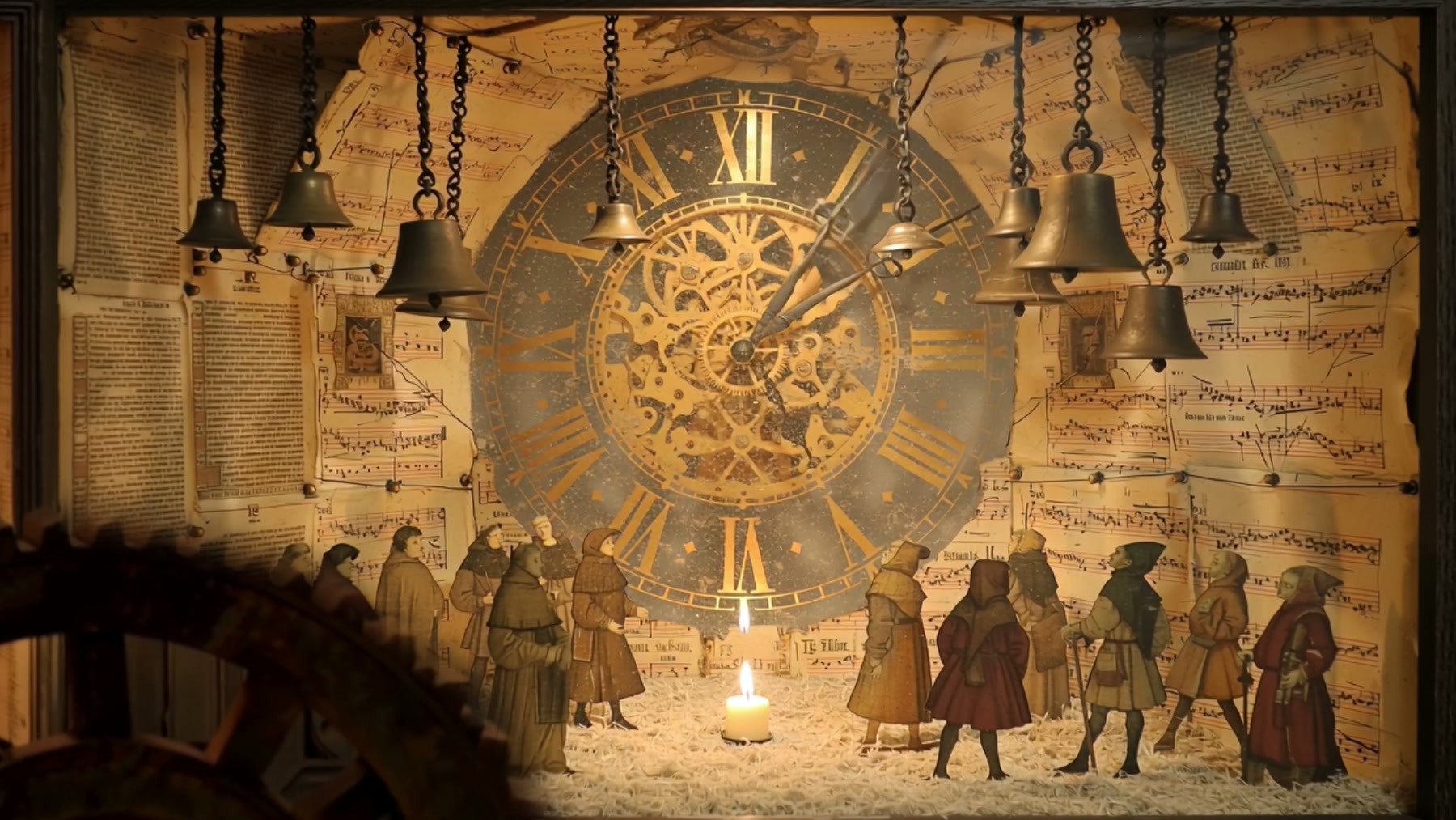 Film still: the inside of a shadow box, a skeleton clock face on the back wall, brass bells on chains, manuscript pages pinned around, a candle lit below
