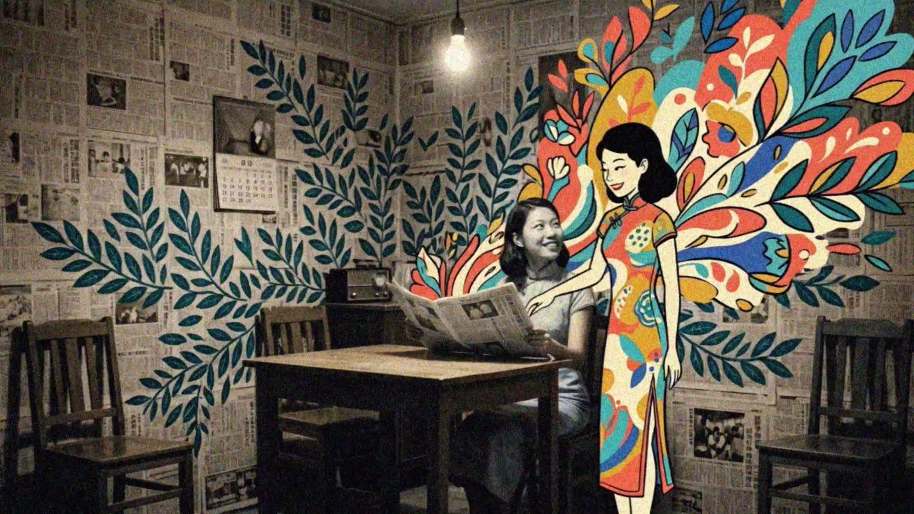 Film still: a young woman reading as colour and foliage spread from her across the whole photographic room