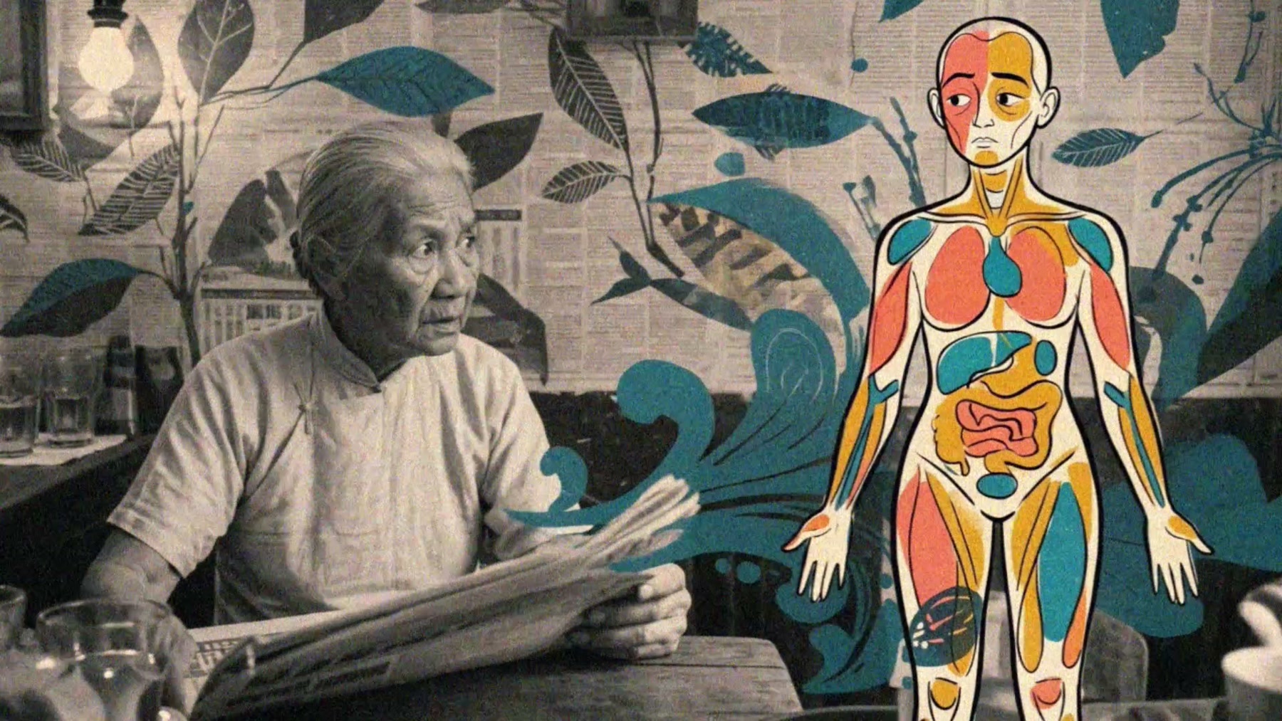 Film still: a grandmother reading, beside her an anatomical body drawn with visible organs