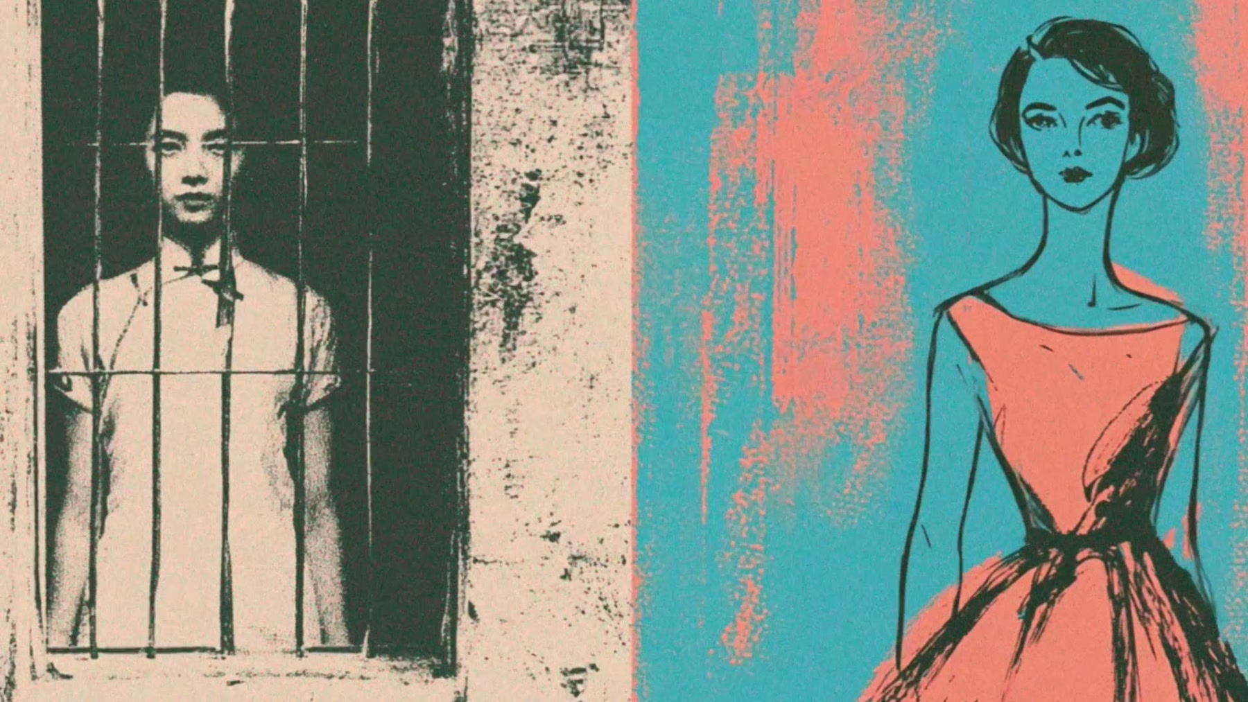 Film still: on the left Xie Jianshun photographed behind a vertical window grid; on the right an illustrated 1950s woman in coral and teal, unobstructed