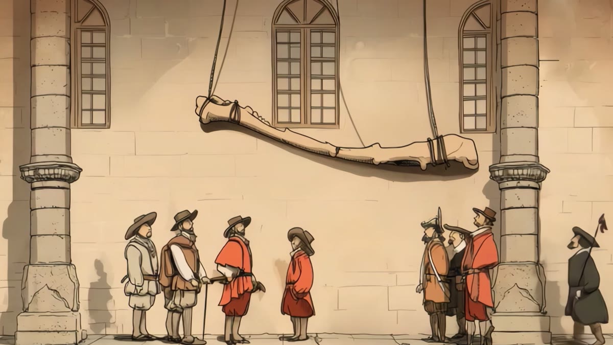 Film still: robed men examining a giant bone lowered against a wall