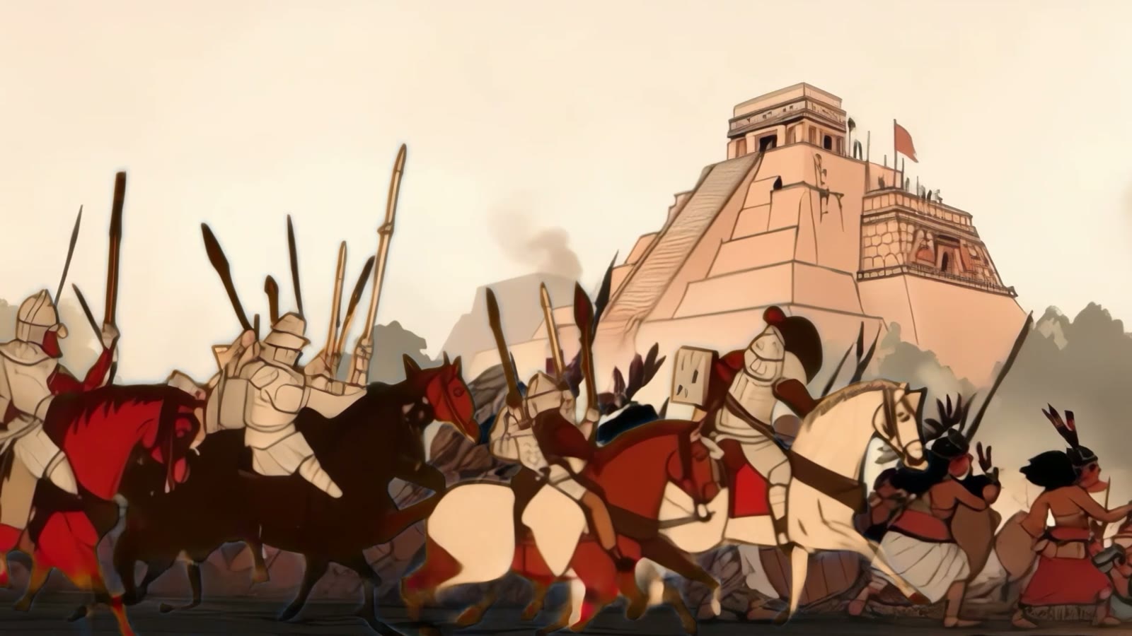 Film still: a stepped temple in flames