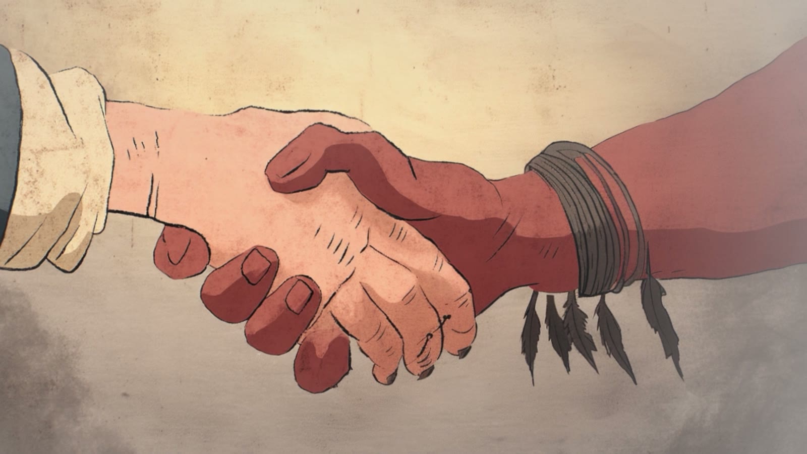 Film still: two hands clasped, one European, one Tlaxcalan, painted red