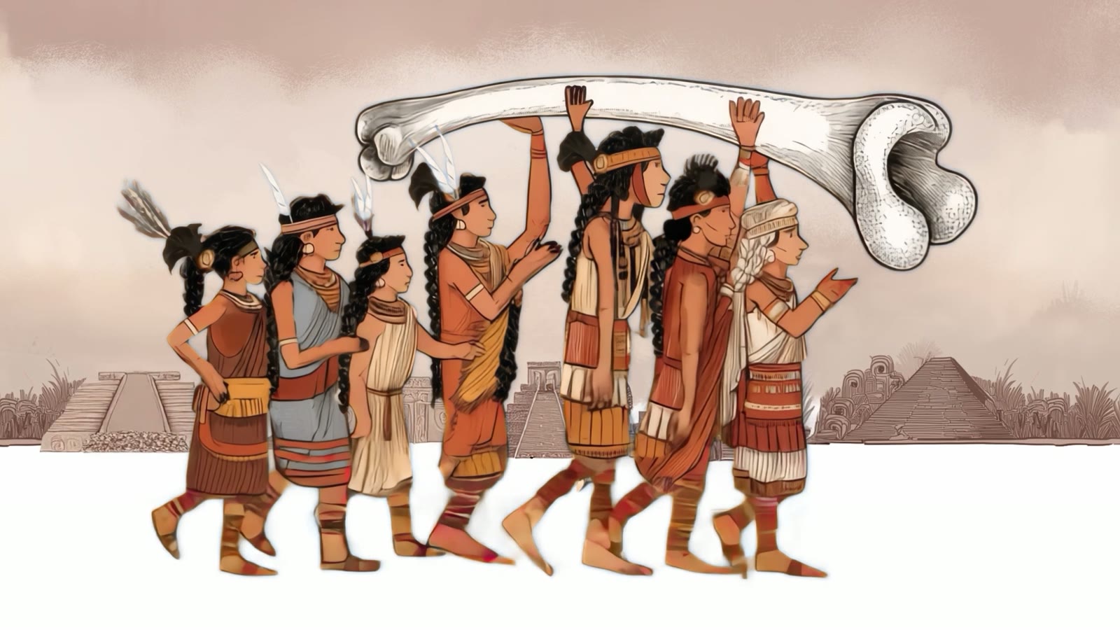Film still: a procession of Tlaxcalans carrying an enormous bone on their shoulders