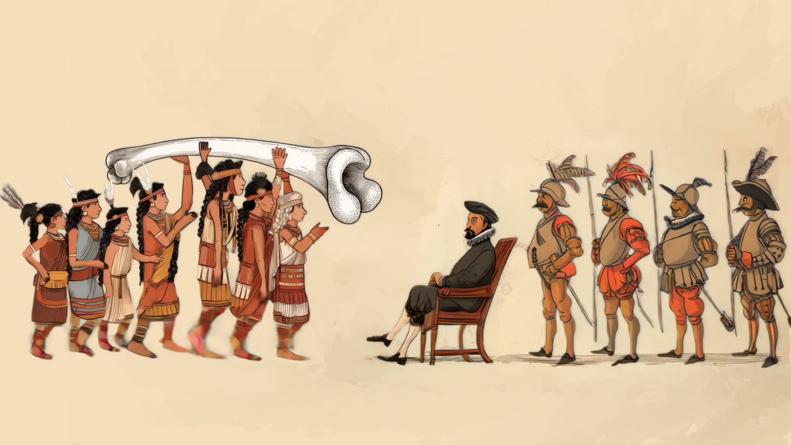 Film still: the Tlaxcalans present the bone to Cortés, seated, with his men standing beside him