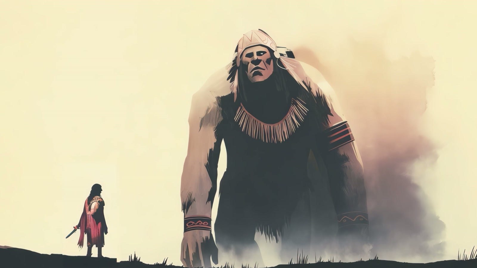 Film still: a towering giant and a small man standing beside him, in grey wash