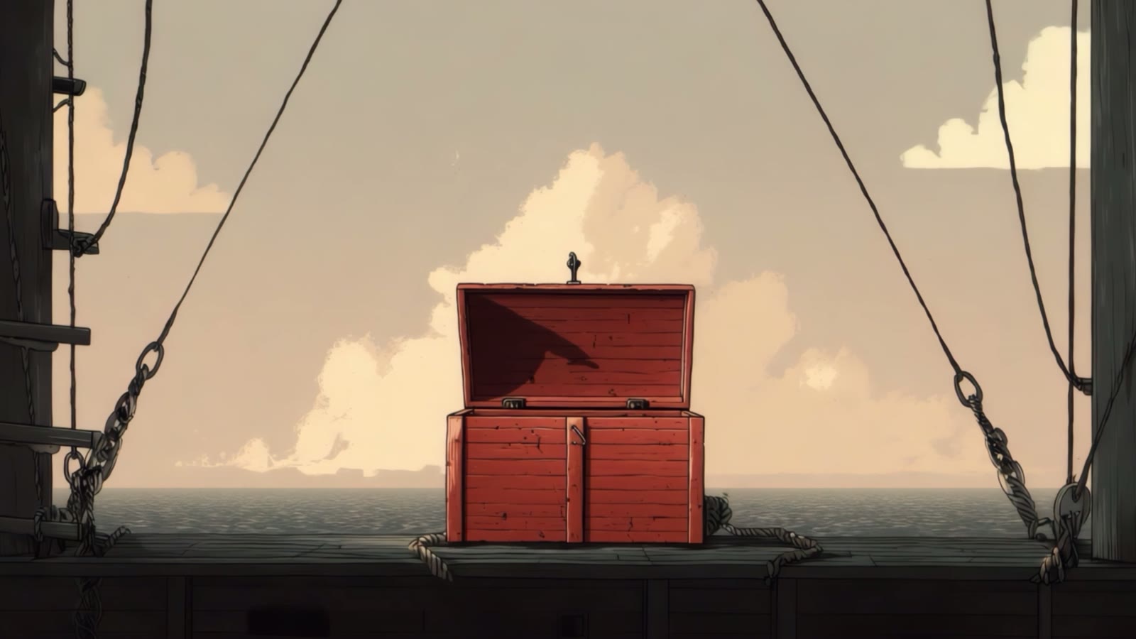 Film still: a red crate on a dock, rigging around it, a ship beyond