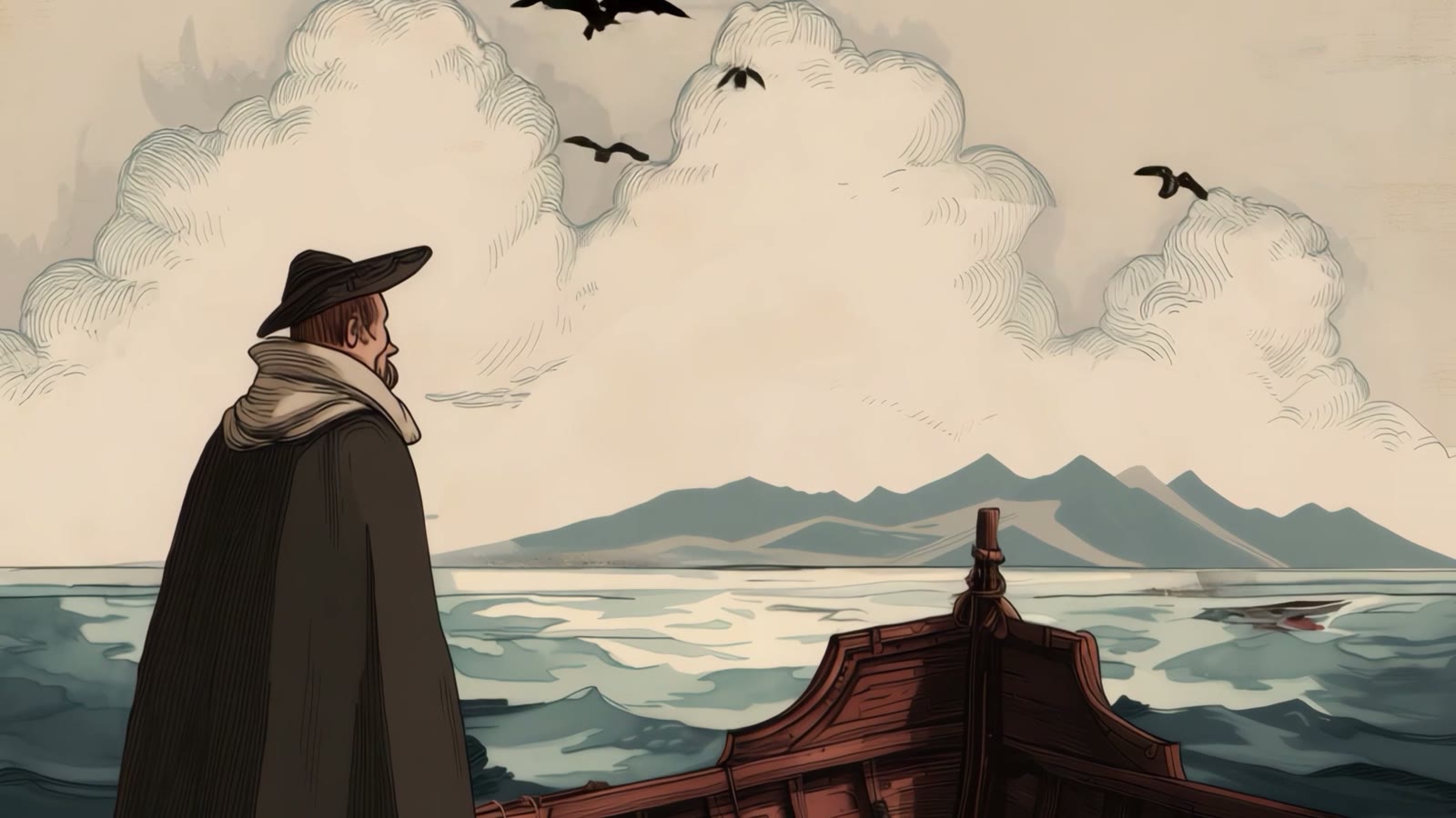 Film still: a cloaked figure on the shore, a pyramid city in the distance across the water