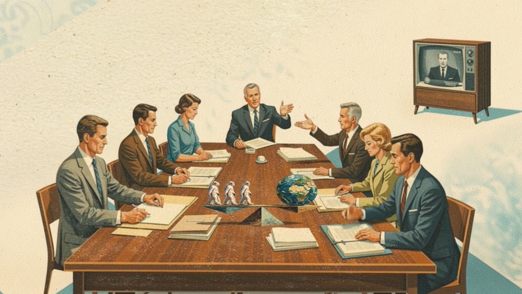 Film still: a meeting room of officials seen inside the frame of a 1960s television set, beside a film reel