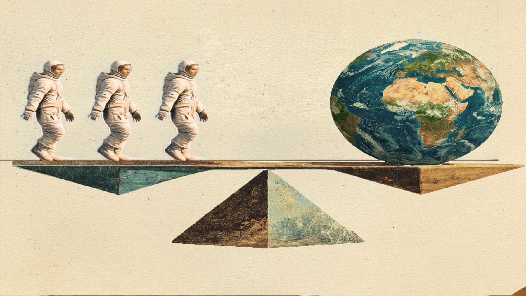 Film still: a balance scale with three astronauts on the raised pan and the Earth on the lowered pan