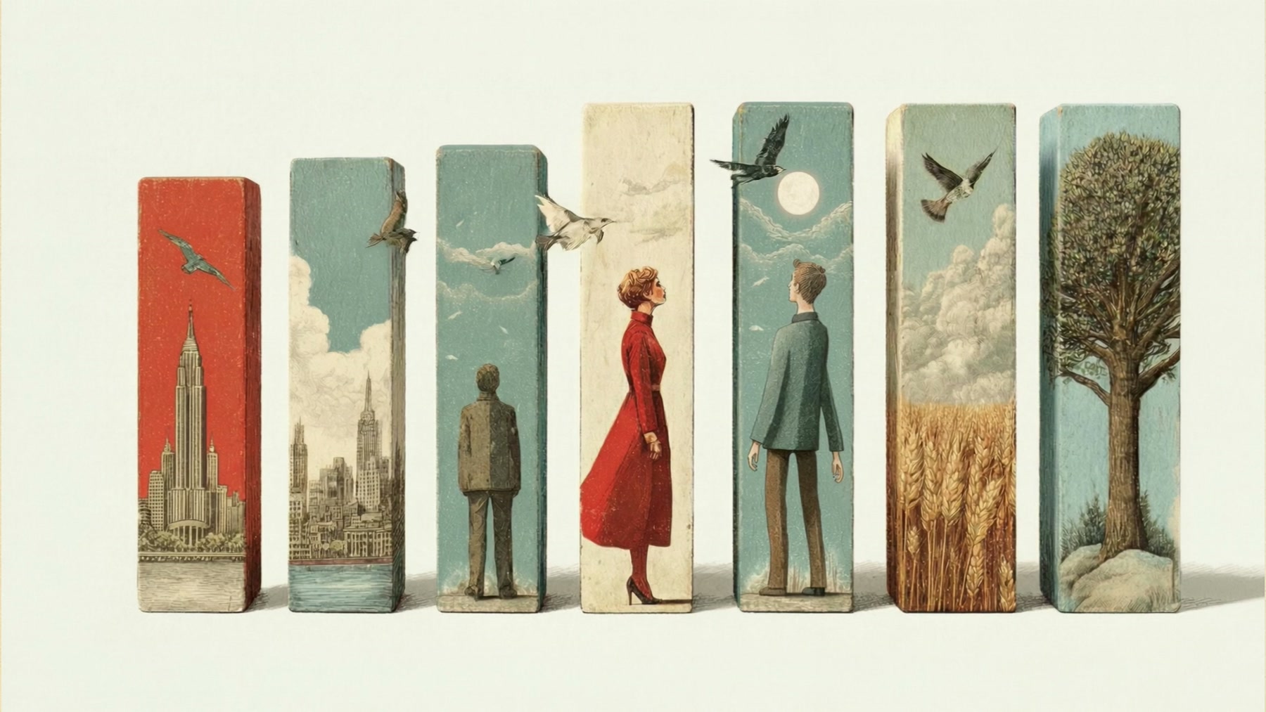 Film still: six tall printed cards showing a tree, wheat, a city, a bird and people, all upright