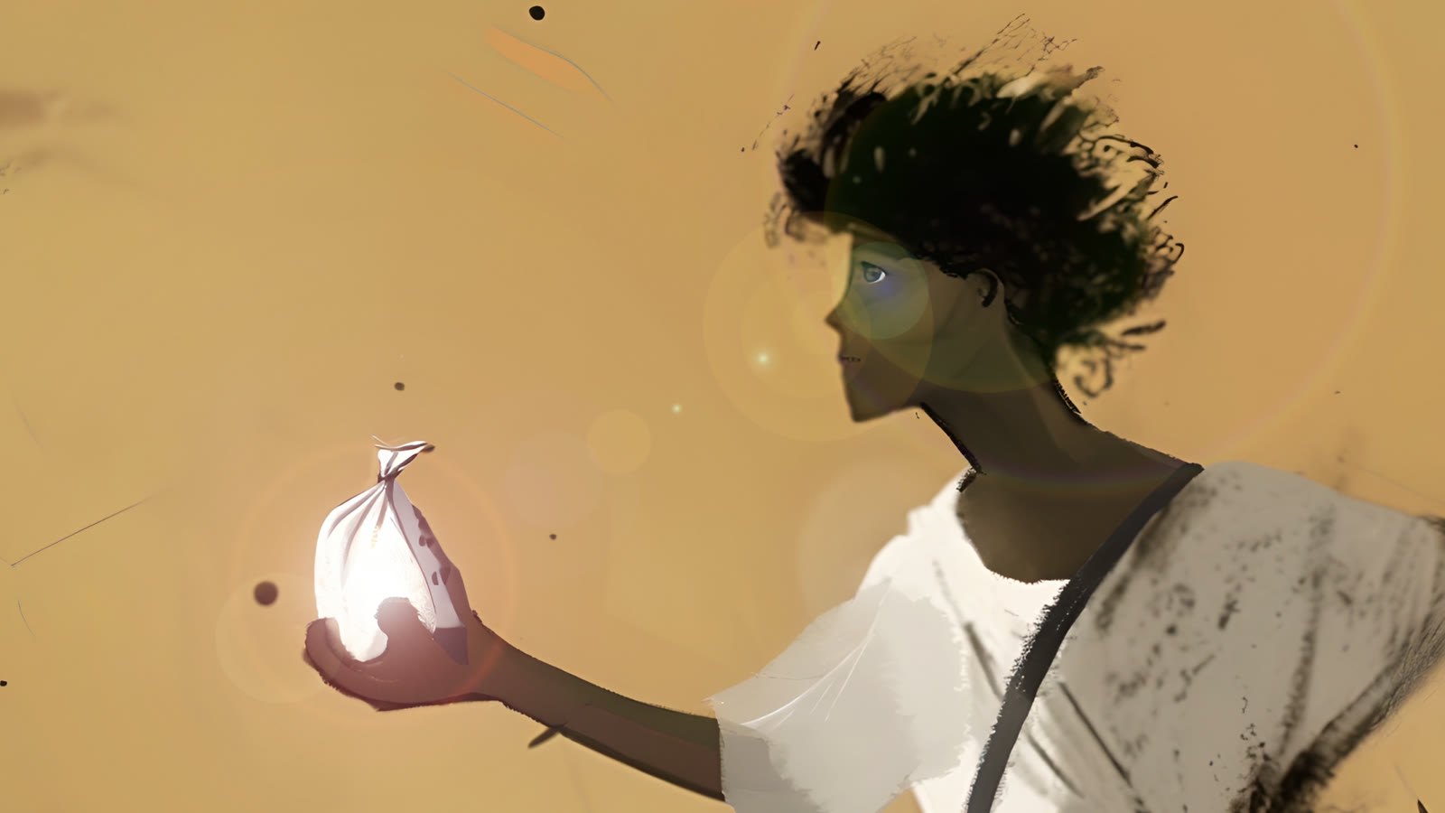 Film still: a young Black man holds a luminous bolsa in his palm