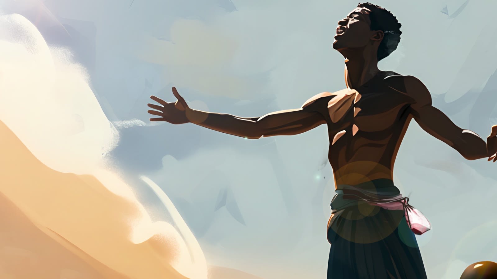 Film still: a young Black man with arms outstretched, believed invulnerable
