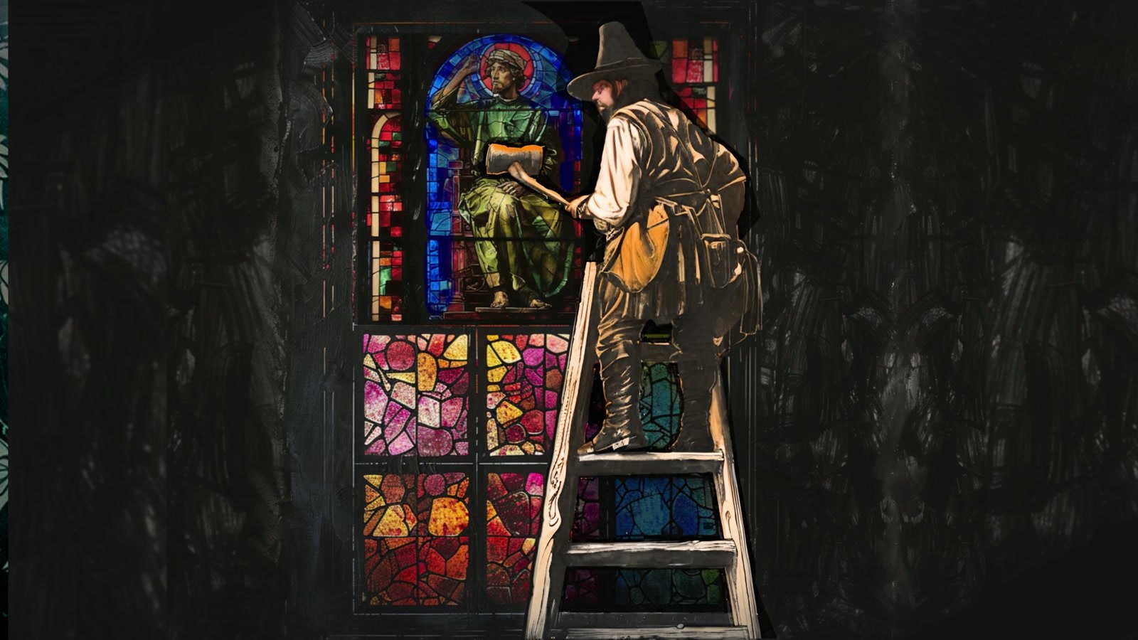 Film still: a man on a ladder with a hammer, in front of stained glass