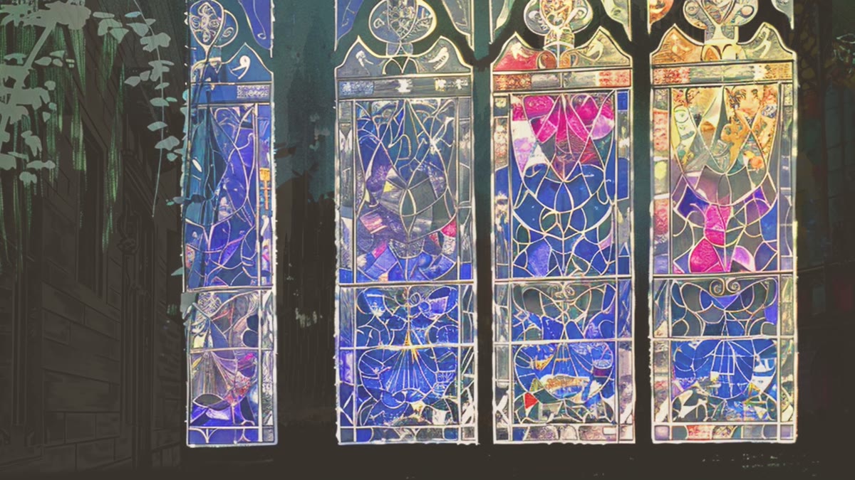 Film still: stained glass windows inside a cathedral