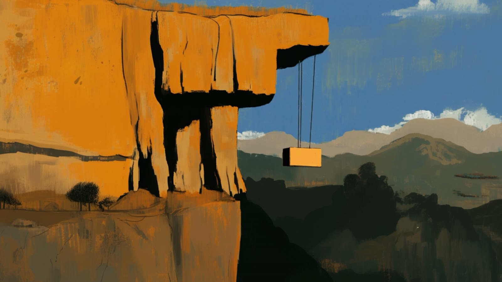 Film still: a crate hanging from a rope beneath a cliff edge