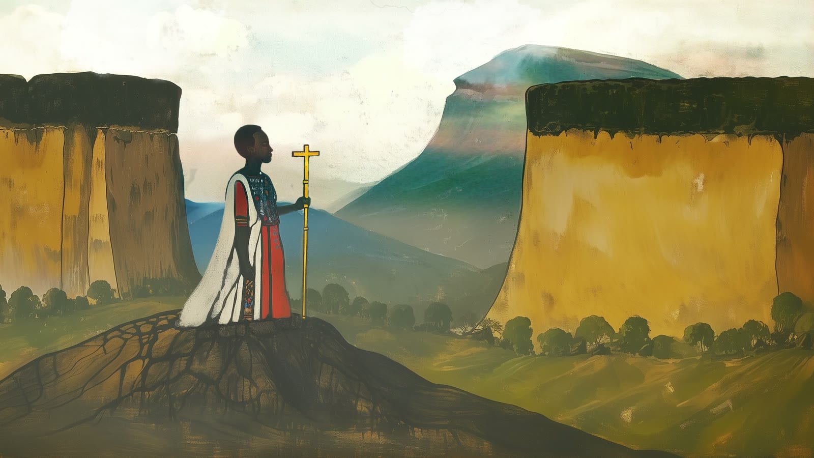Film still: the emperor, holding a cross, on a flat-topped mountain in the Səmen