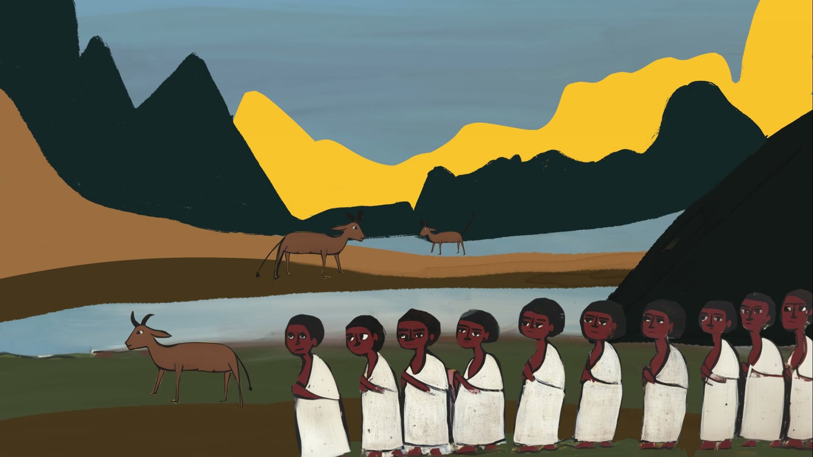 Film still: a row of Beta Israel figures in white, with goats, before flat painted mountains