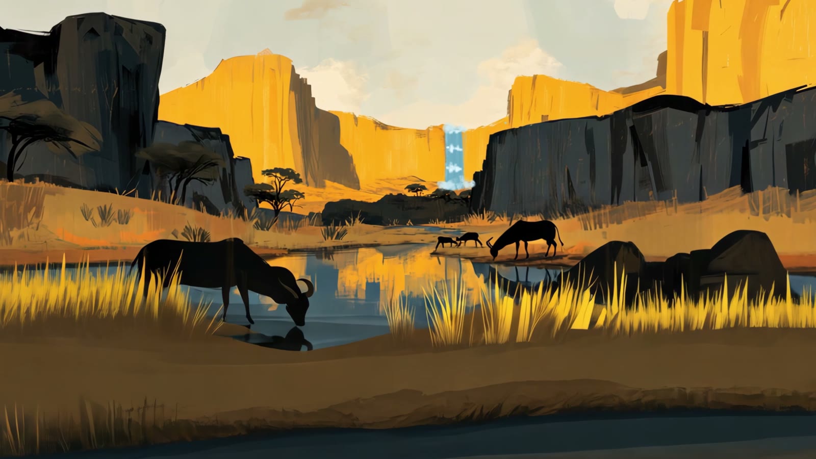 Film still: cattle drinking at pools of water beneath the mountains