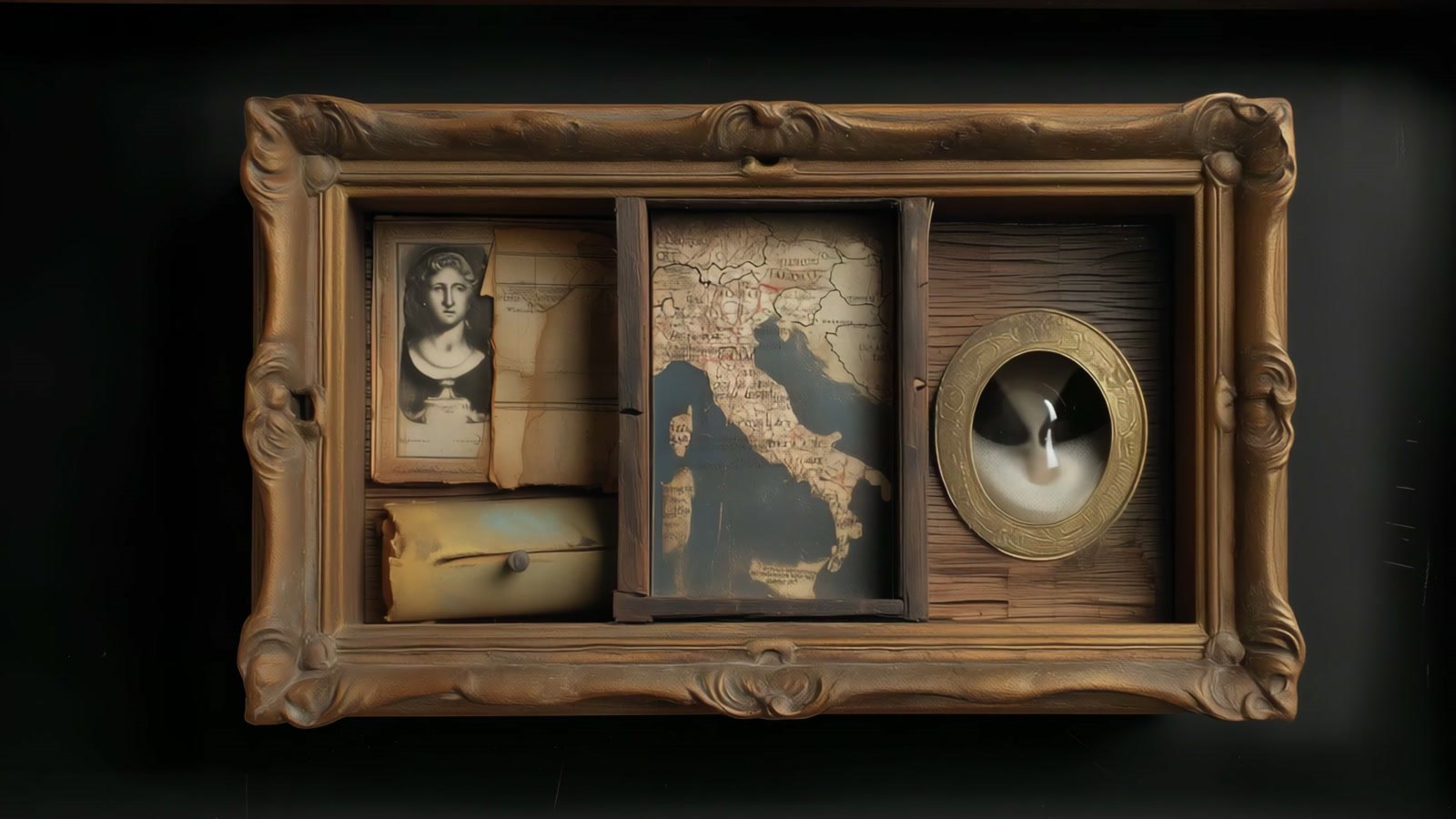 Film still: a shadow box holding an engraving of a classical bust, a map of Italy and an oval frame