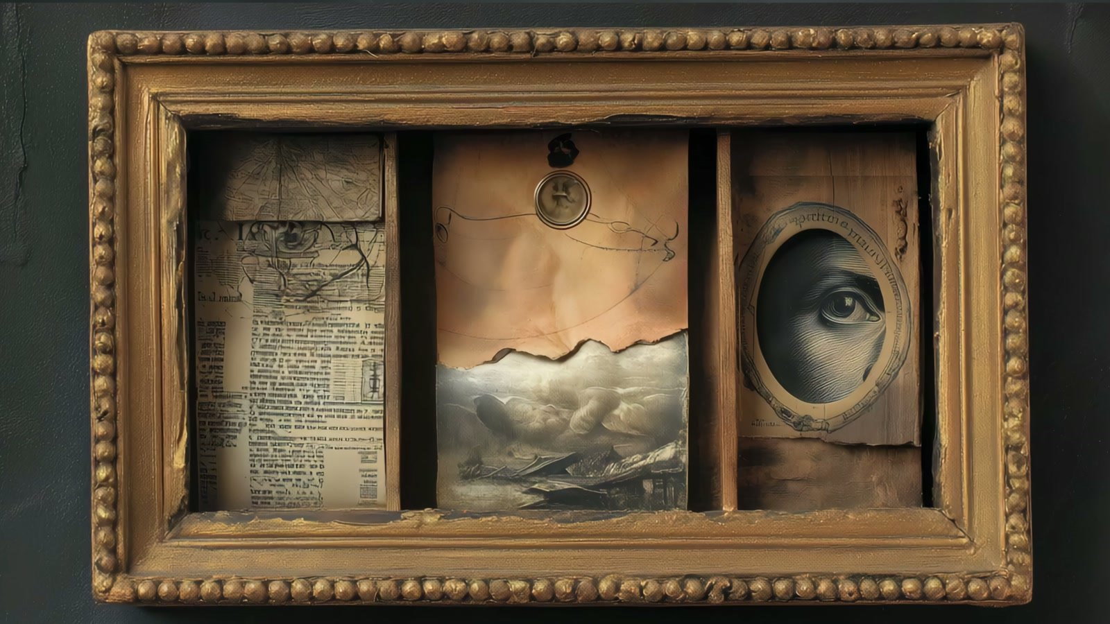Film still: a shadow box with a printed page, a landscape under torn paper with a wax seal, and an engraved eye in an oval