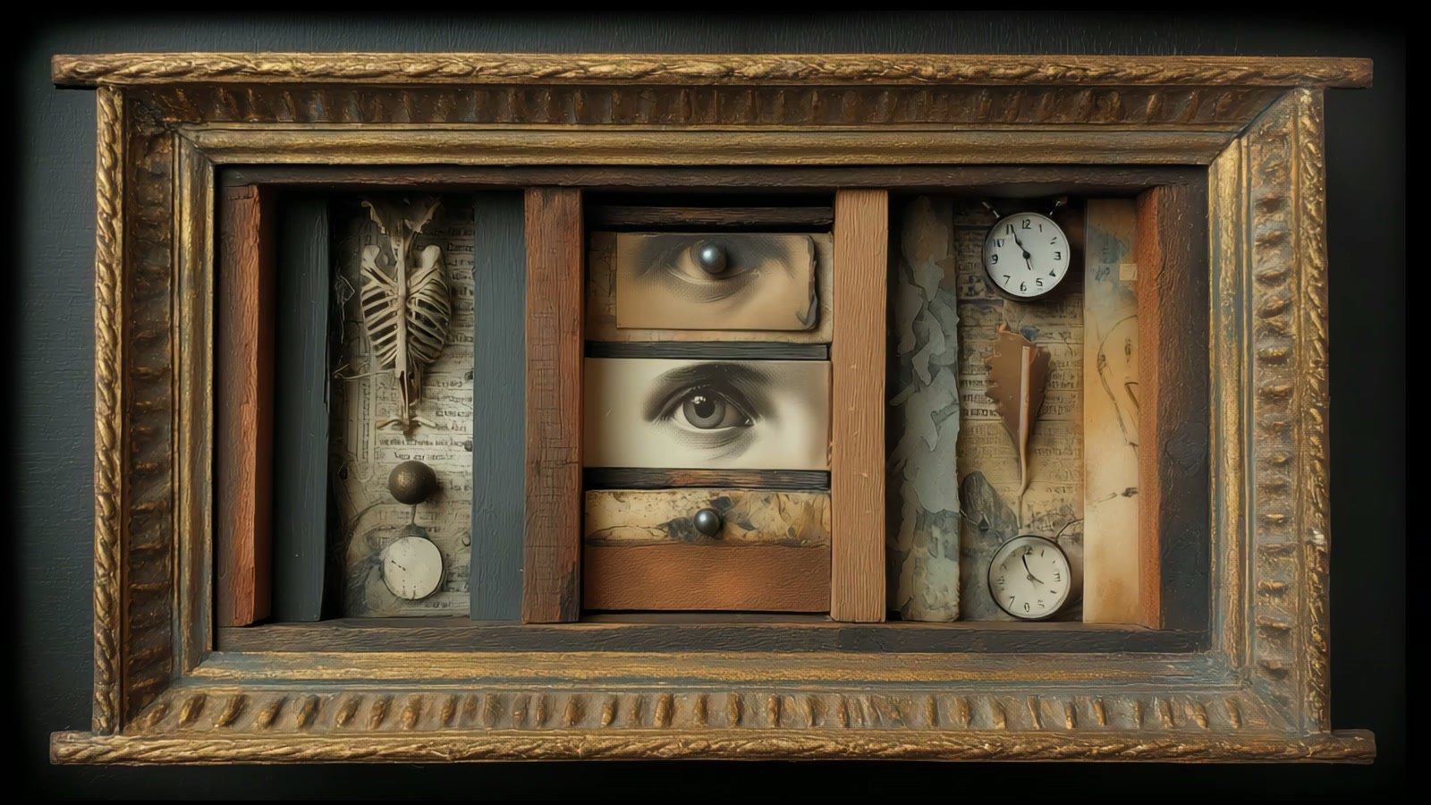 Film still: a shadow box of drawers with engraved eyes, an anatomical engraving and small clocks