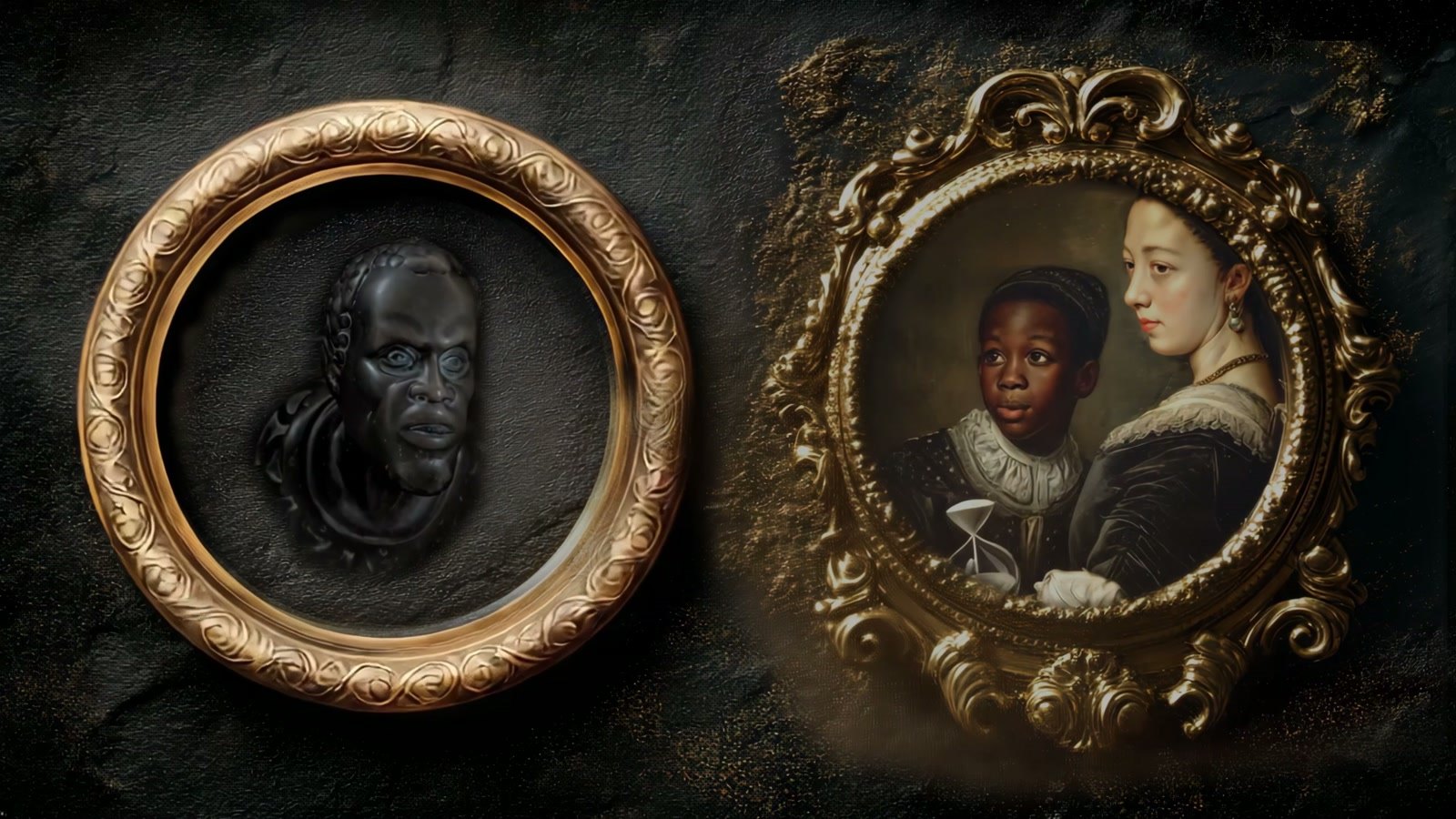 Film still: two gilt frames, one with a dark carved head, the other with a painted portrait of a Black boy beside a European woman