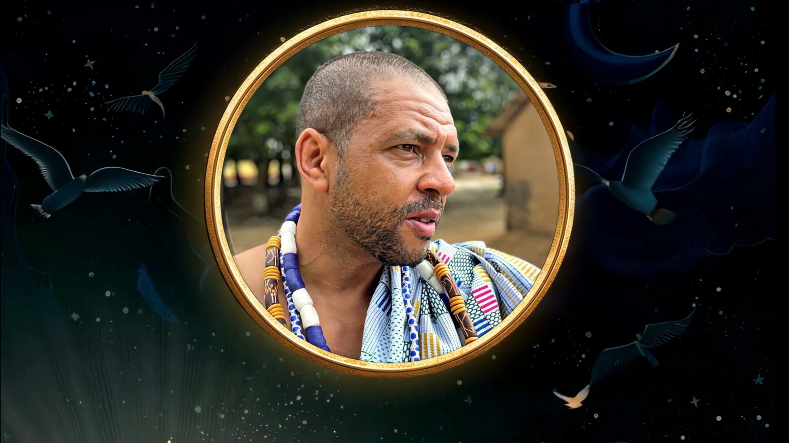 Film still: Fred Kuwornu in a round golden frame against a night sky with birds