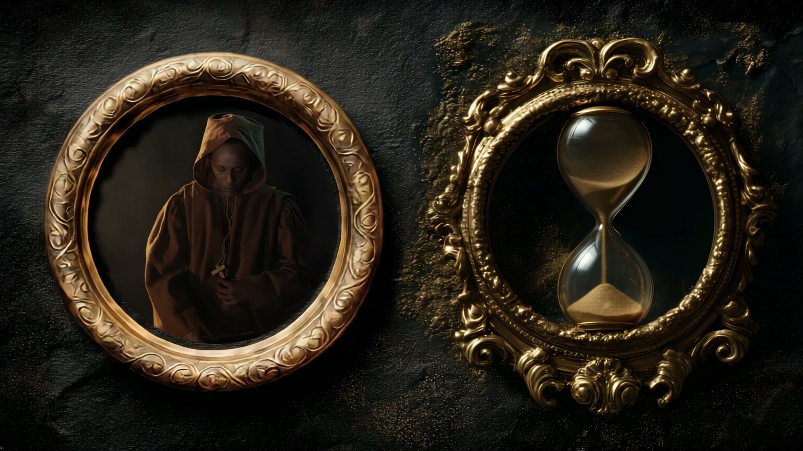 Film still: two gilt frames, one with a hooded Black figure, the other with an hourglass