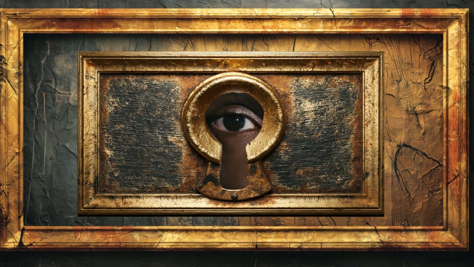 Film still: a brown eye looking out through a gilt keyhole set in a dark panel