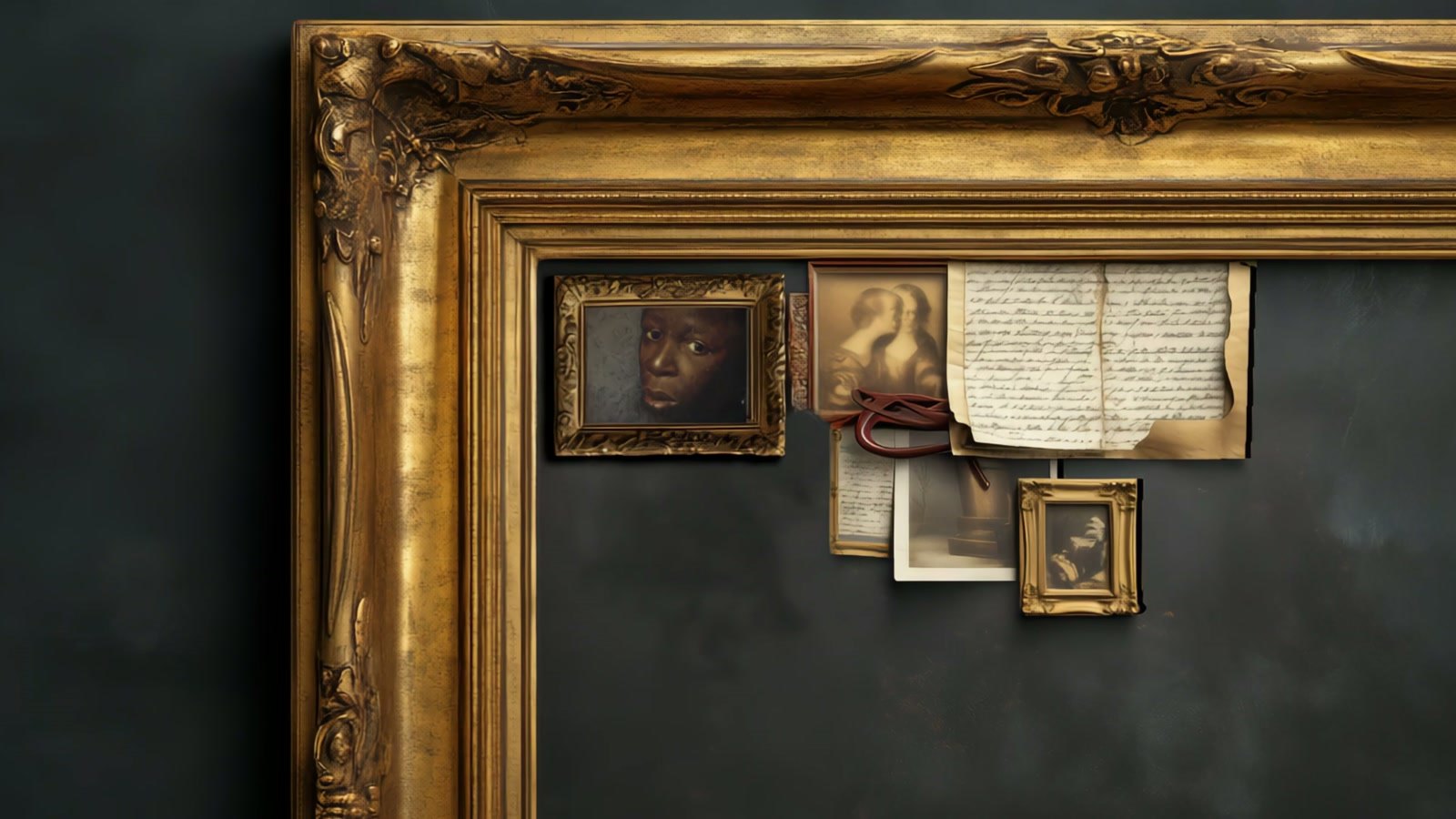 Film still: the corner of a large, empty gilt frame, with small framed portraits, photographs and a handwritten letter gathered at its edge