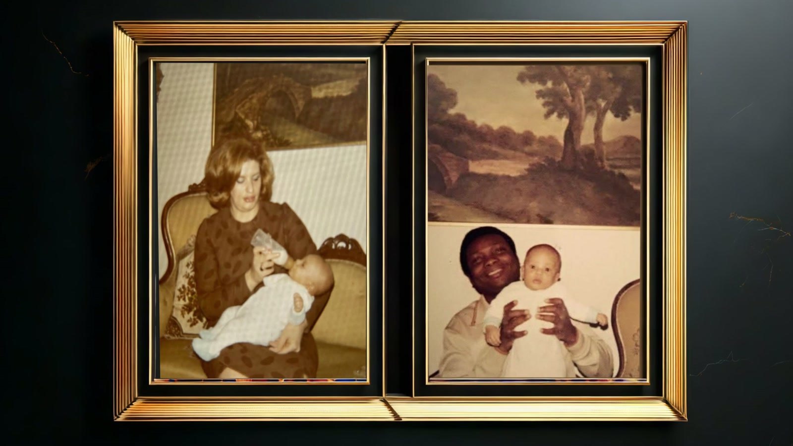 Film still: two childhood photographs in a double gilt frame, a woman holding a baby, and a man holding a baby