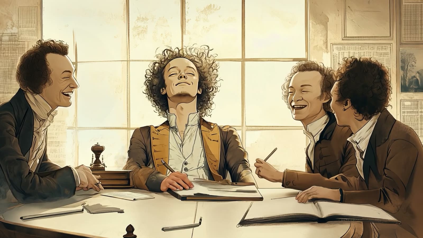 Film still: Newton, Wickins and two other young men laughing together over papers at a table