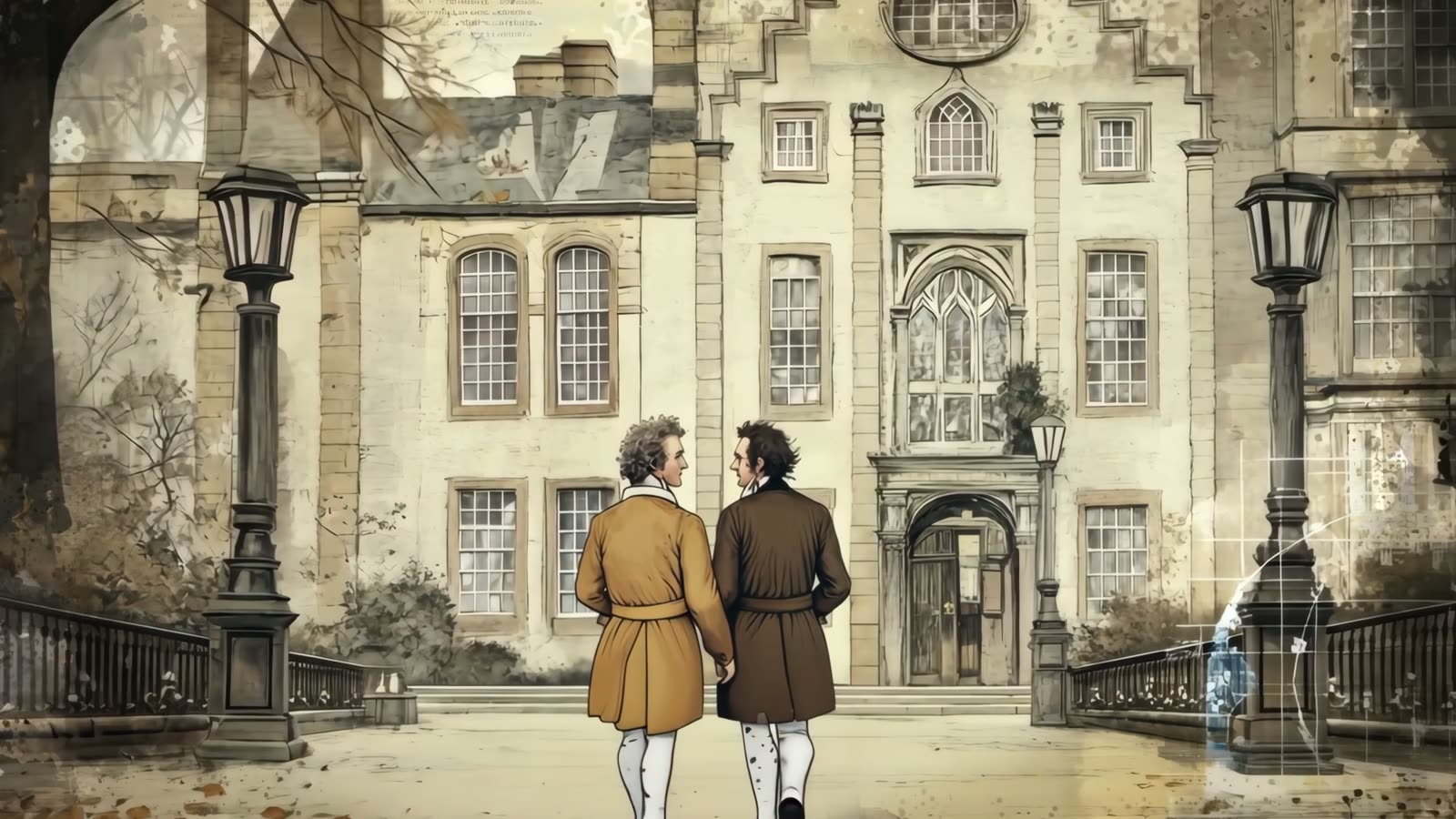 Film still: Wickins and Newton, in period dress, walking toward a college building